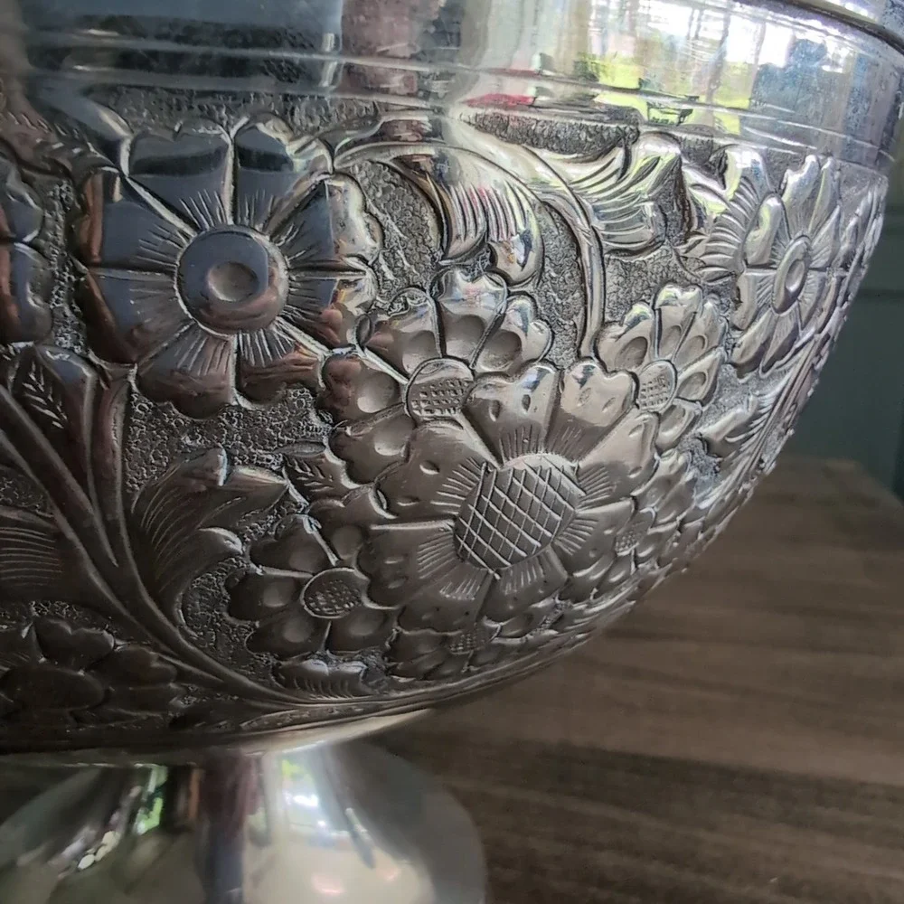 EPNS Floral Embossed Pedestal Bowl Silver Made in India Large Ornate Centerpiece